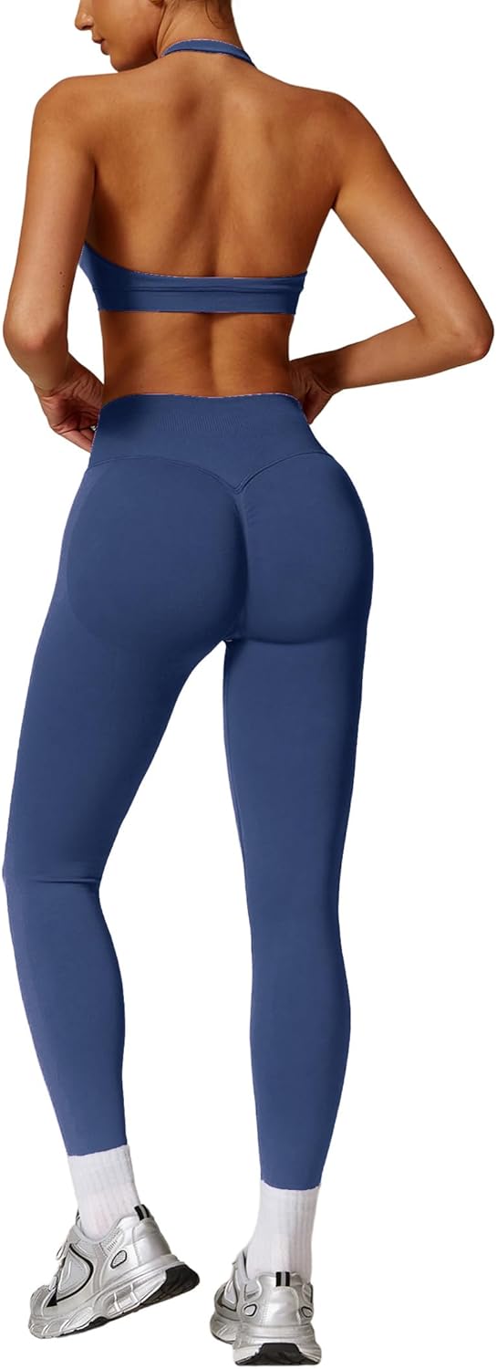 ABOCIW Workout Sets for Women Seamless Scunch Butt Lifting Impact Leggings Halter Sports Bra 2 Piece Gym Outfits - Image 8