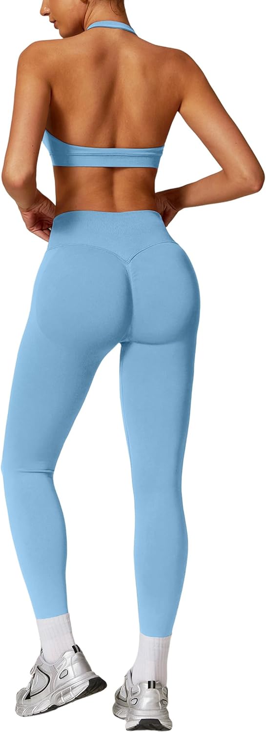 ABOCIW Workout Sets for Women Seamless Scunch Butt Lifting Impact Leggings Halter Sports Bra 2 Piece Gym Outfits - Image 9