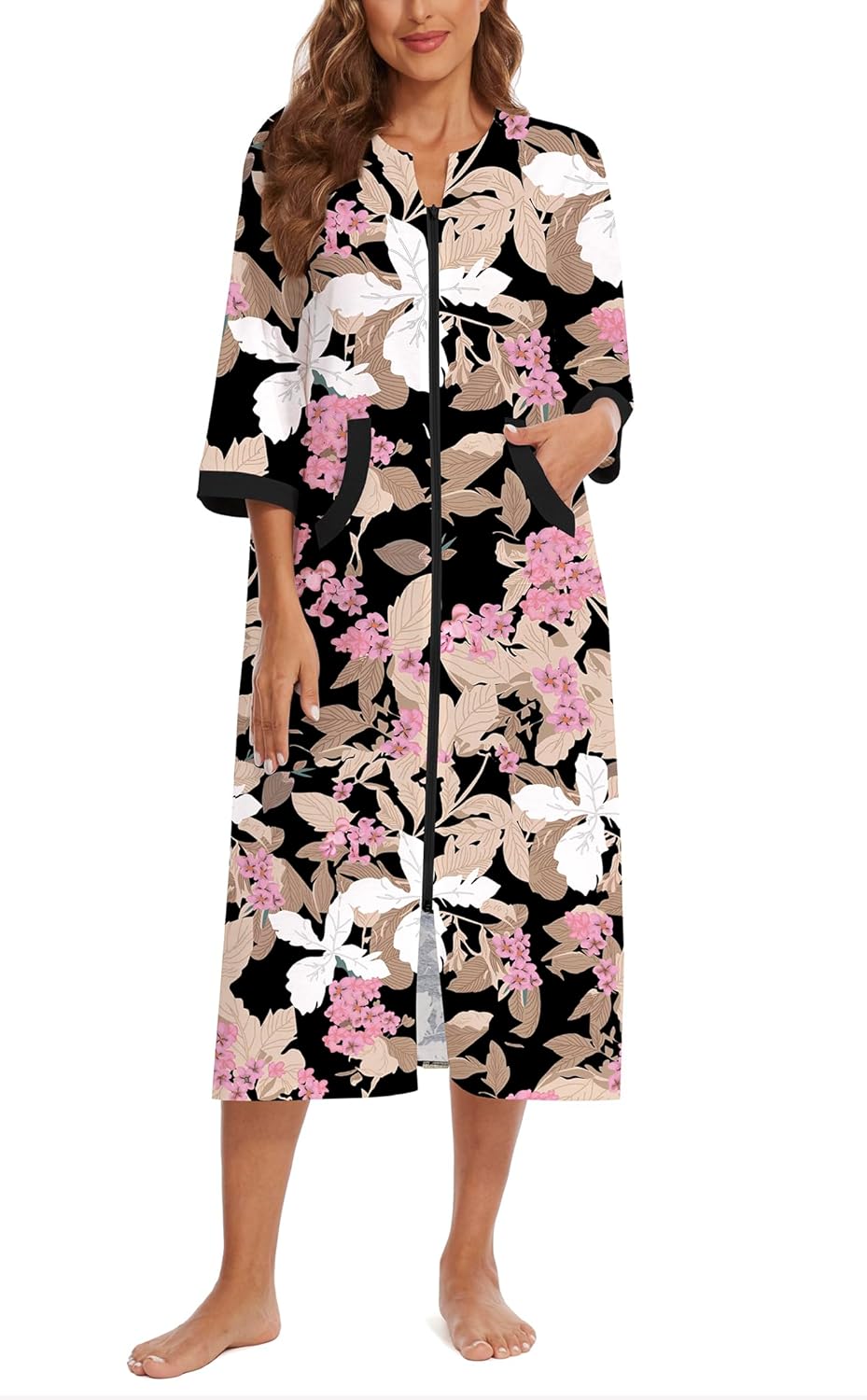 Korelayer Zipper Robes for Women 3/4 Sleeve Housecoats Long Lightweight Bathrobe House Dress with Pockets