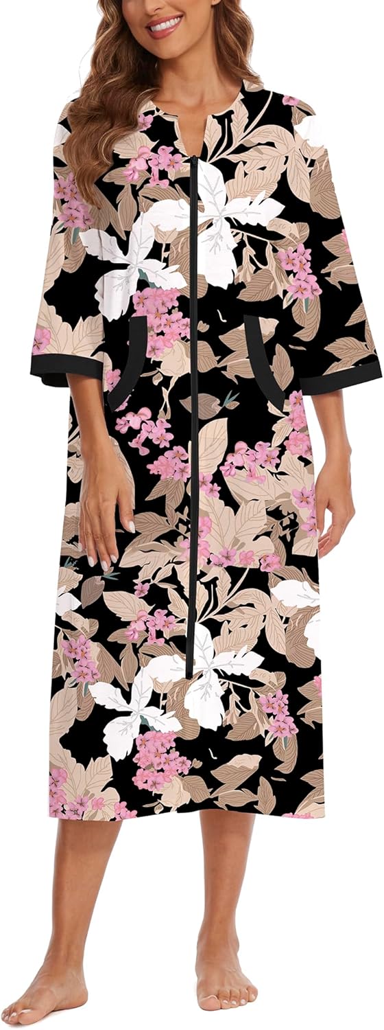 Alternative view of Korelayer Zipper Robes for Women 3/4 Sleeve Housecoats Long Lightweight Bathrobe House Dress with Pockets
