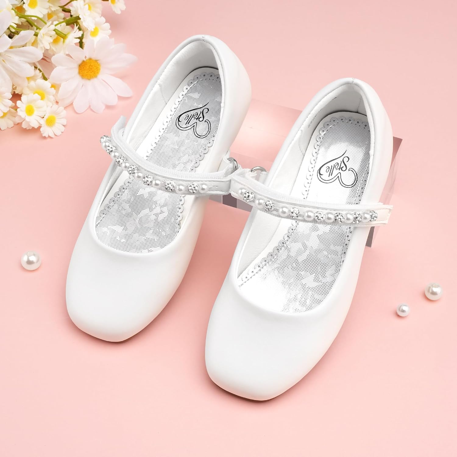 Stelle Girls Wedding Dress Shoes Ballet Flats Flower Party Mary Jane with Beaded Straps Toddler/Little/Big Kids