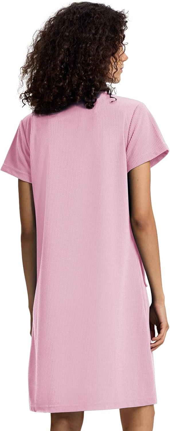 SIORO Zipper Robes for Women Short Sleeve Bathrobes Lightweight House Coat Waffle Knit Knee Length Loungewear with Pockets