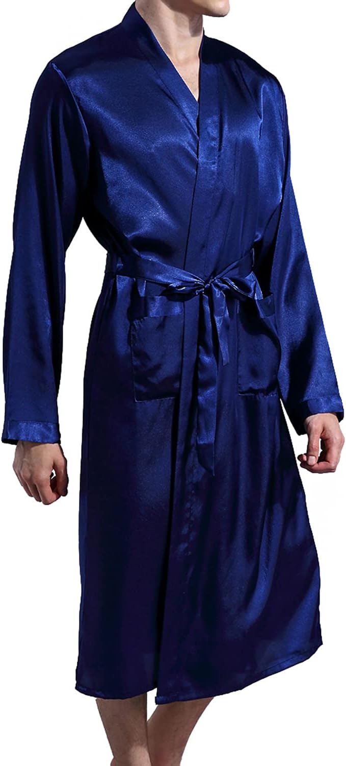 Lu's Chic Men's Satin Kimono Robe Silk Classic Long Bathrobe Pockets Lightweight Loungewear