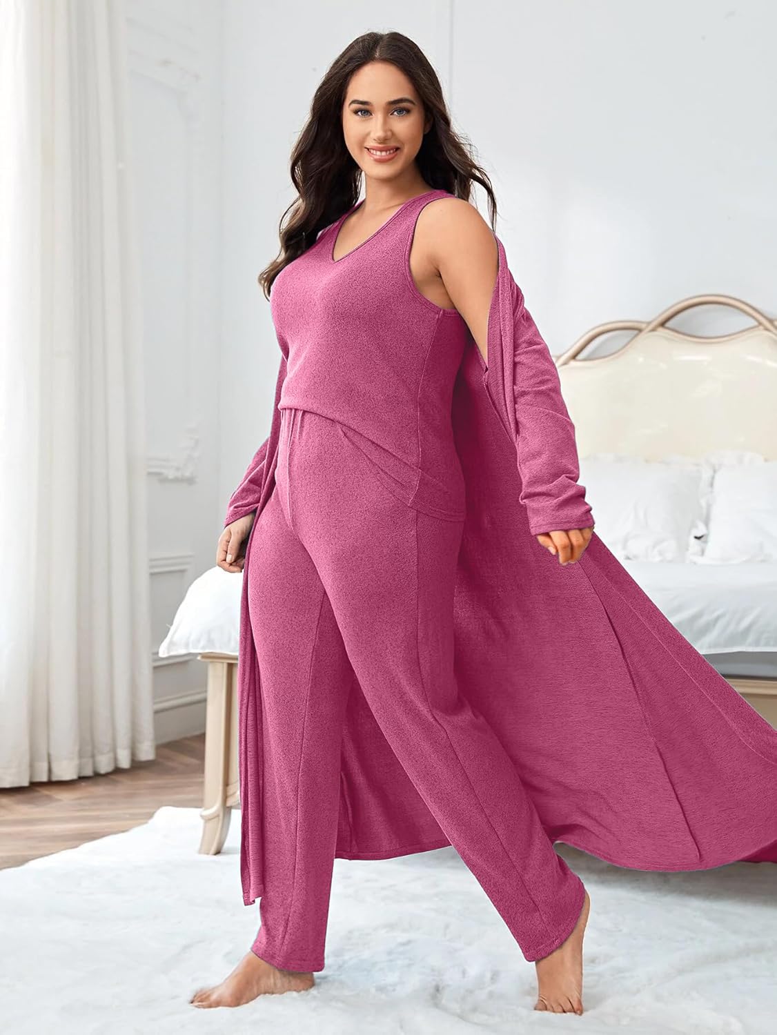Alternative view of Vaimti plus size 3 Piece Casual Cardigan Vest Pants Set, Women's Pajama Loungewear Set Casual Homewear Set