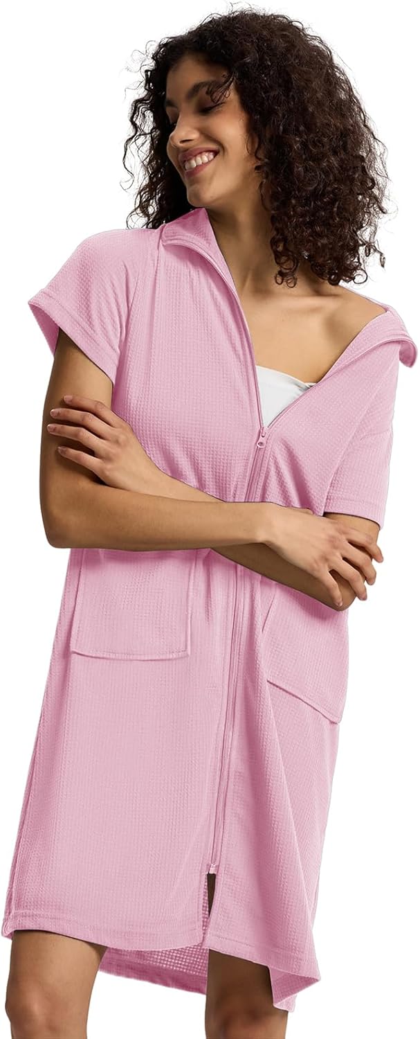 Alternative view of SIORO Zipper Robes for Women Short Sleeve Bathrobes Lightweight House Coat Waffle Knit Knee Length Loungewear with Pockets