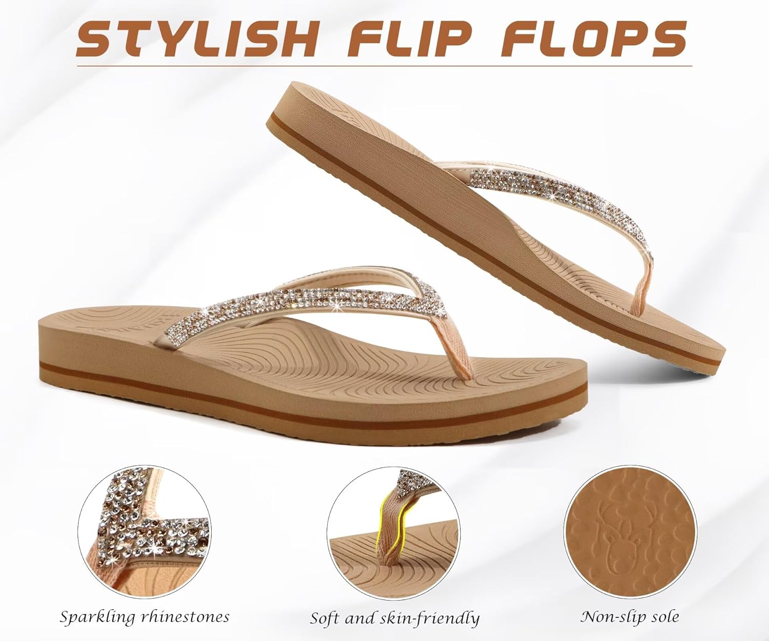 KuaiLu Women's Rhinestone Flip Flops with Comfort Arch Support Yoga Mat Cushion Sandals Fashion Summer Beach Travel Orthotic Walking Thong Sandles Slip on Plantar Fasciitis Indoor Outdoor Shoes - Image 3