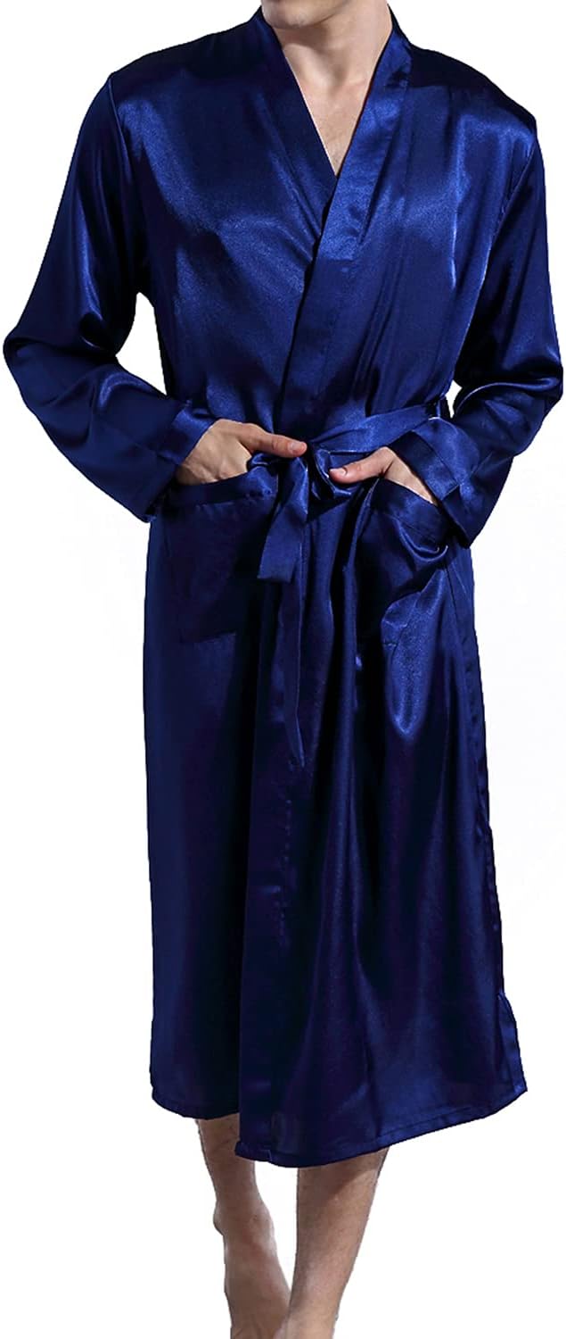 Alternative view of Lu's Chic Men's Satin Kimono Robe Silk Classic Long Bathrobe Pockets Lightweight Loungewear
