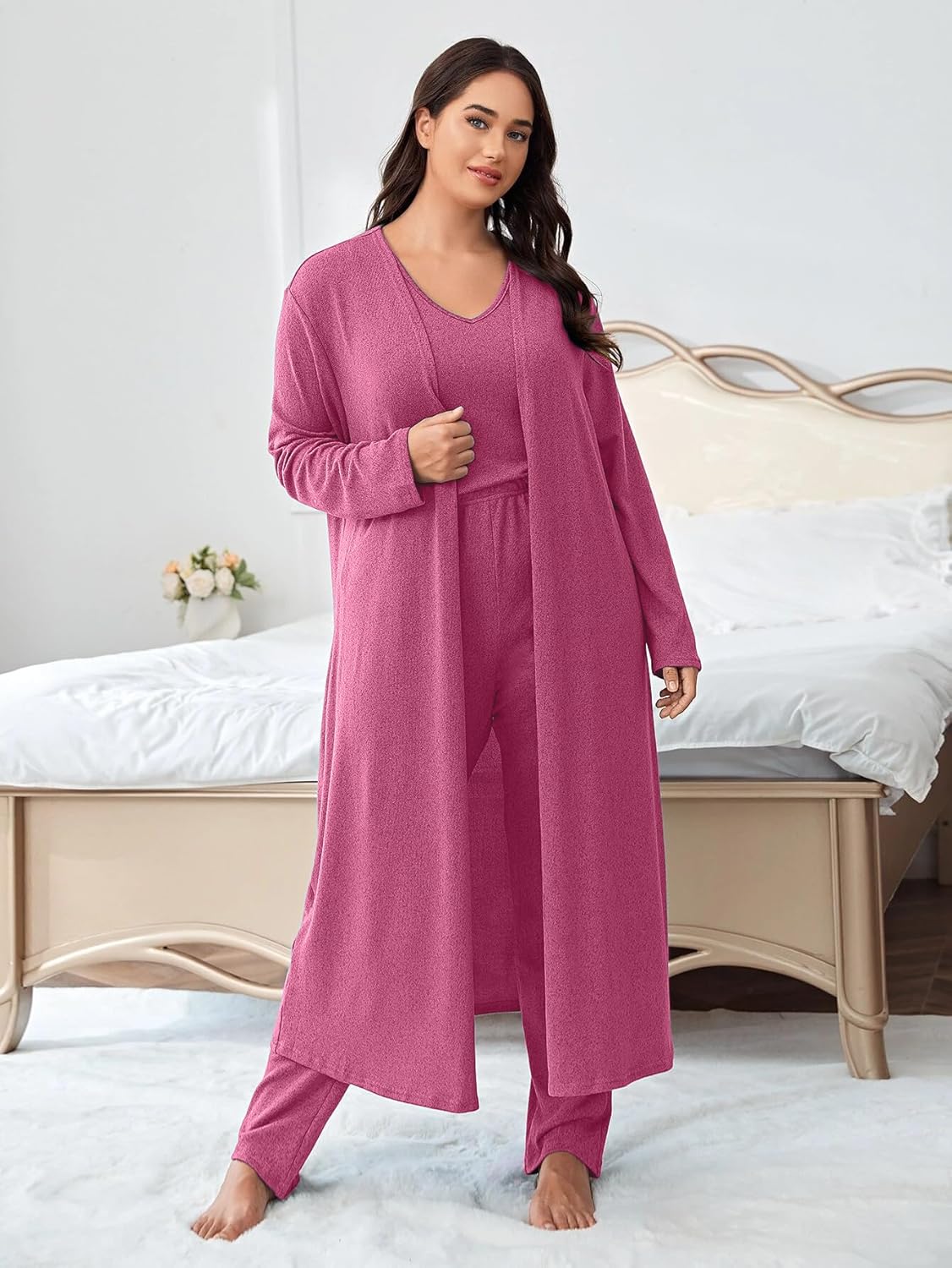 Vaimti plus size 3 Piece Casual Cardigan Vest Pants Set, Women's Pajama Loungewear Set Casual Homewear Set - Image 3