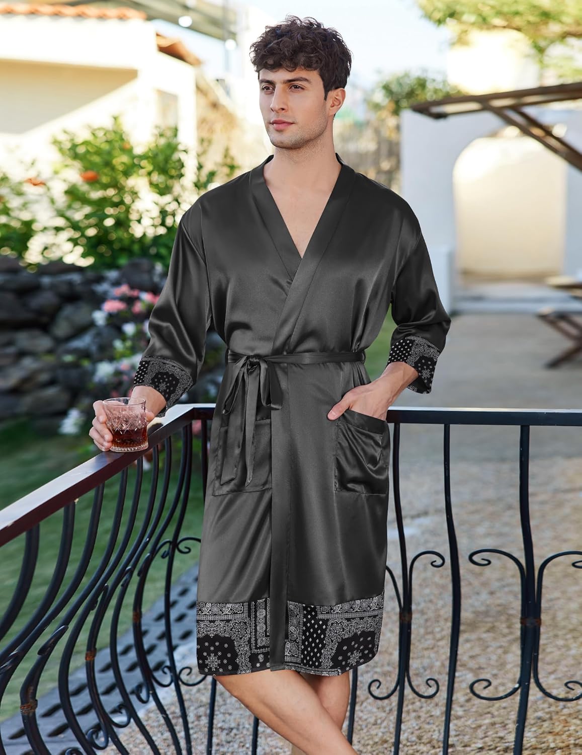 Alternative view of Ekouaer Mens Satin Robe Lightweight Silky Kimono Bathrobe 3/4 Sleeve Spa Knee Length Loungewear with Pockets S-3XL