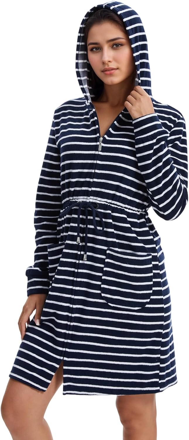 Navisting Women Terry Cloth Zipper Robe Zip Up Bathrobes with Pockets Hooded Cotton Housecoat Nightgown Loungewear Sleepwear
