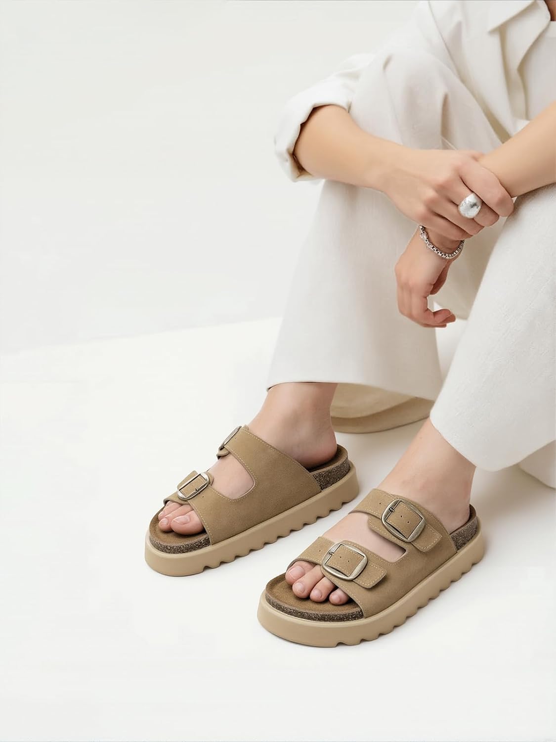 TEMOFON Women's Platform Summer Sandals: Genuine Leather Sandals Slip on Slides Cork Footbed with Arch Support & Comfort Foam