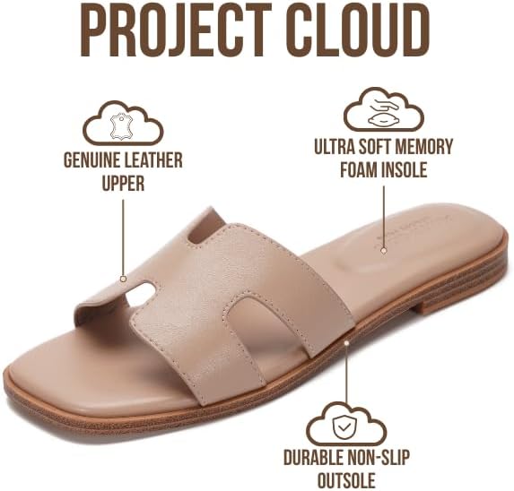 Project Cloud 100% Genuine Leather Sandals for Women 2026 - Fashion Flat Womens Sandals with Memory Foam Insole Slides Sandals Women Footwear - Mules Women's Sandals (Jannel)