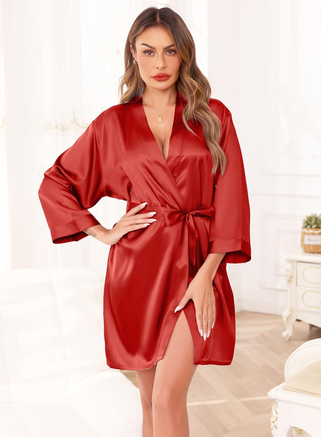 Alternative view of Sopesil Women's Robes Satin Bathrobe Lightweight Short Silk Kimono V-Neck Bride Bridesmaids Loungewear