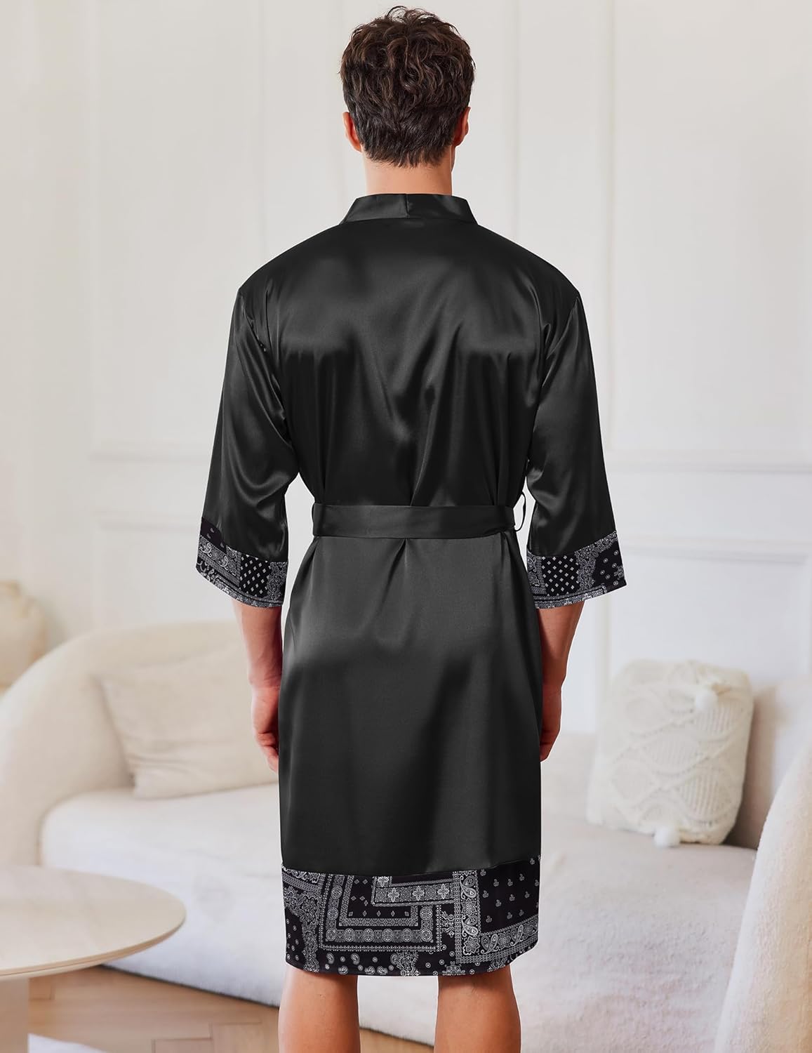 Ekouaer Mens Satin Robe Lightweight Silky Kimono Bathrobe 3/4 Sleeve Spa Knee Length Loungewear with Pockets S-3XL