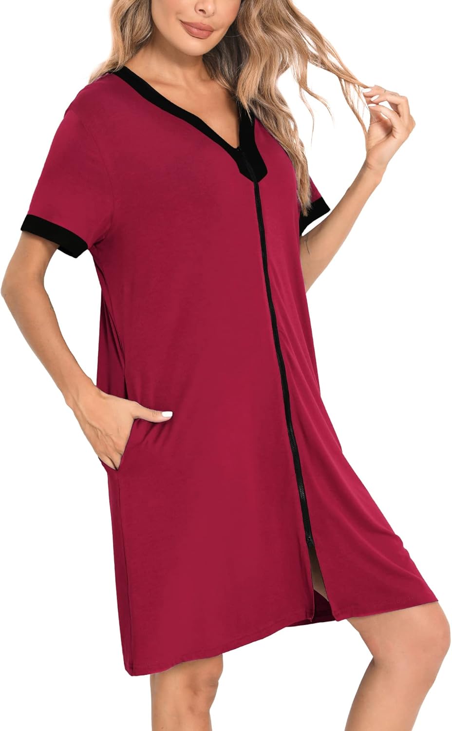 Alternative view of SWOMOG Women Zipper Front House Coat Short Sleeves Robe Zip up Bathrobes Short Nightgown with Pockets S-3XL