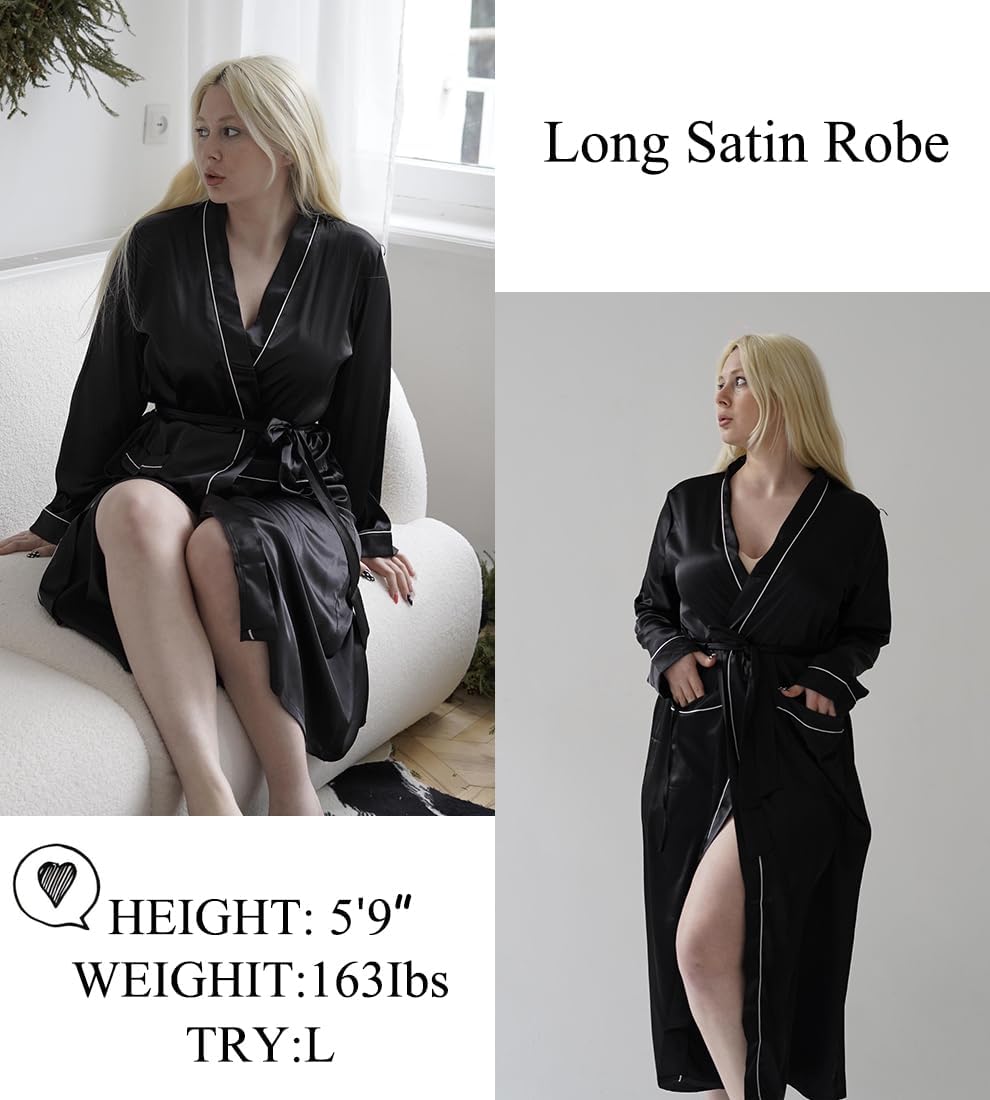 Alternative view of Ekouaer Satin Robes for Women Long Sleeve Silk Bathrobe Soft Lightweight Full Length Sleepwear Bridesmaid Wedding Party Robes
