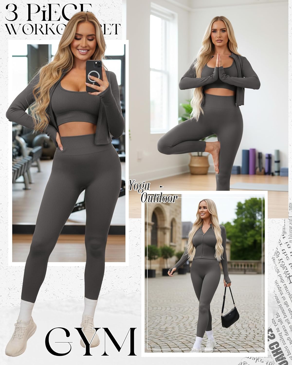Simlakey Women 3 Piece Seamless Workout Set Sports Bra High Waisted Gym Yoga Leggings Zip Up Jacket with Thumbhole Activewear