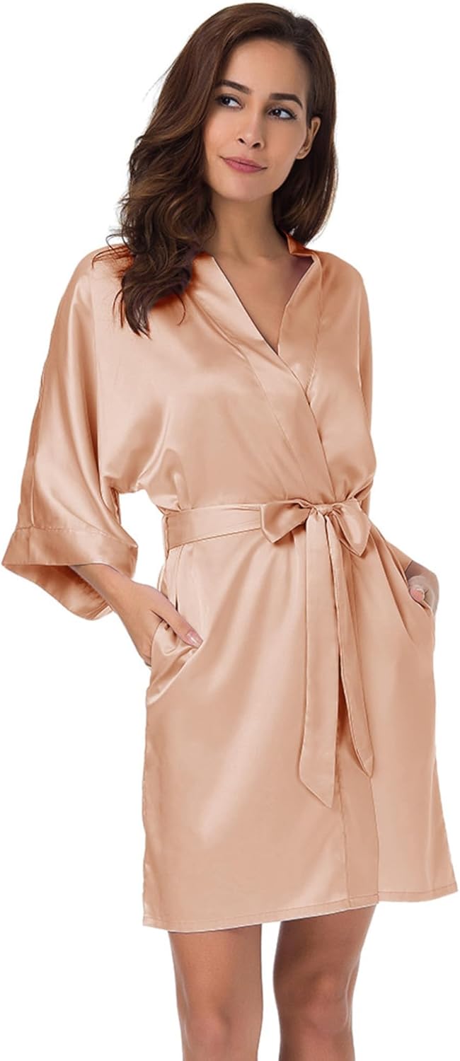 SIORO Women's Satin Robe, Short Bathrobe with V-Neck, 3/4 Sleeves Robe for Bride & Bridesmaids, Wedding Party Sleepwear