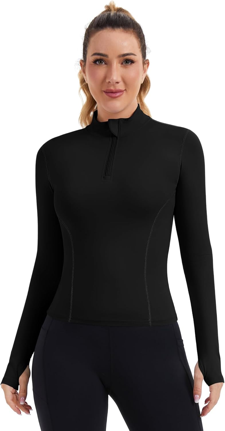 ZHENWEI Womens Workout Tops Long Sleeve Quarter Zip Pullover Quick Dry Golf Shirt Athletic Slim Fit Crop Yoga Gym Tops