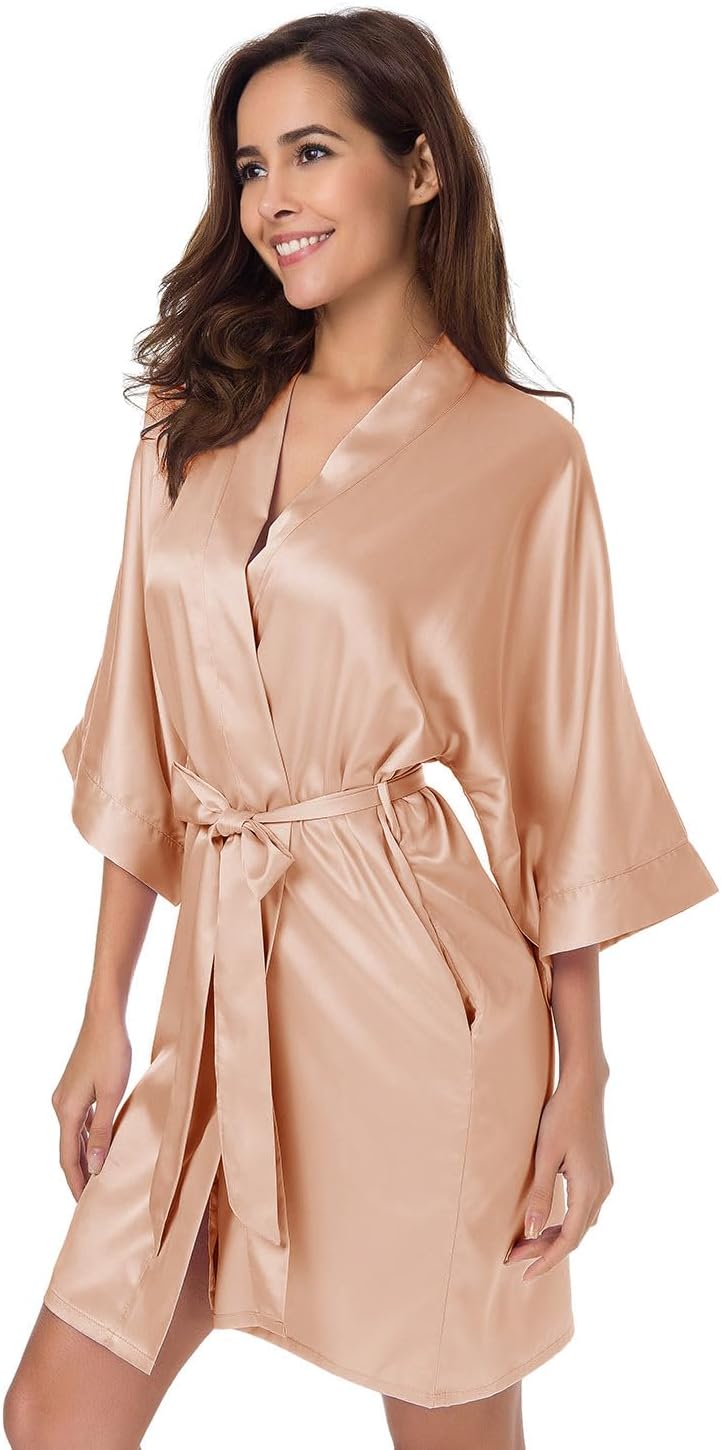 Alternative view of SIORO Women's Satin Robe, Short Bathrobe with V-Neck, 3/4 Sleeves Robe for Bride & Bridesmaids, Wedding Party Sleepwear