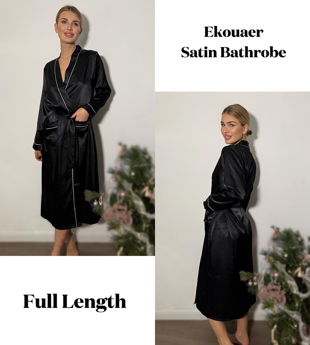 Ekouaer Satin Robes for Women Long Sleeve Silk Bathrobe Soft Lightweight Full Length Sleepwear Bridesmaid Wedding Party Robes