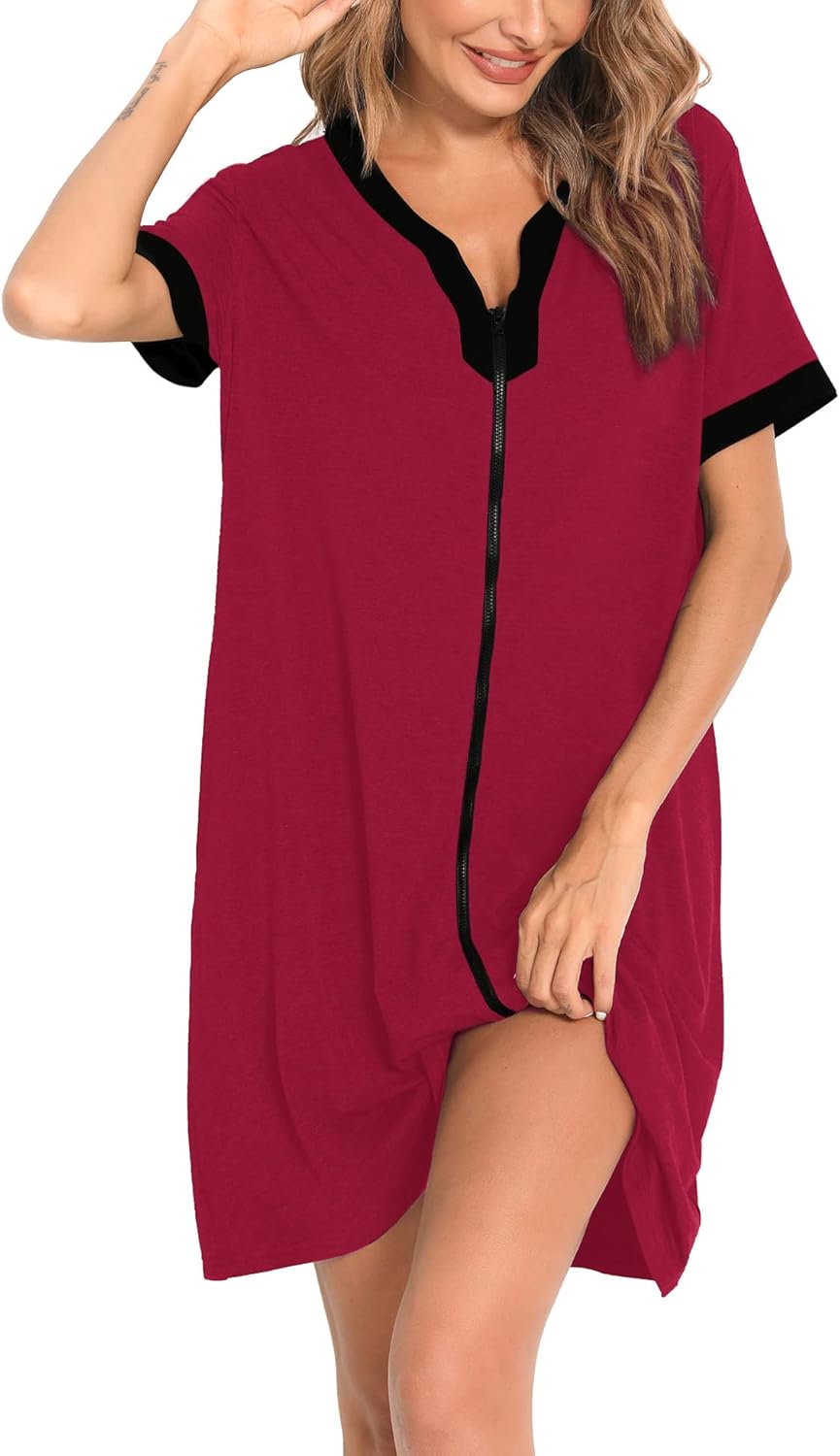 SWOMOG Women Zipper Front House Coat Short Sleeves Robe Zip up Bathrobes Short Nightgown with Pockets S-3XL