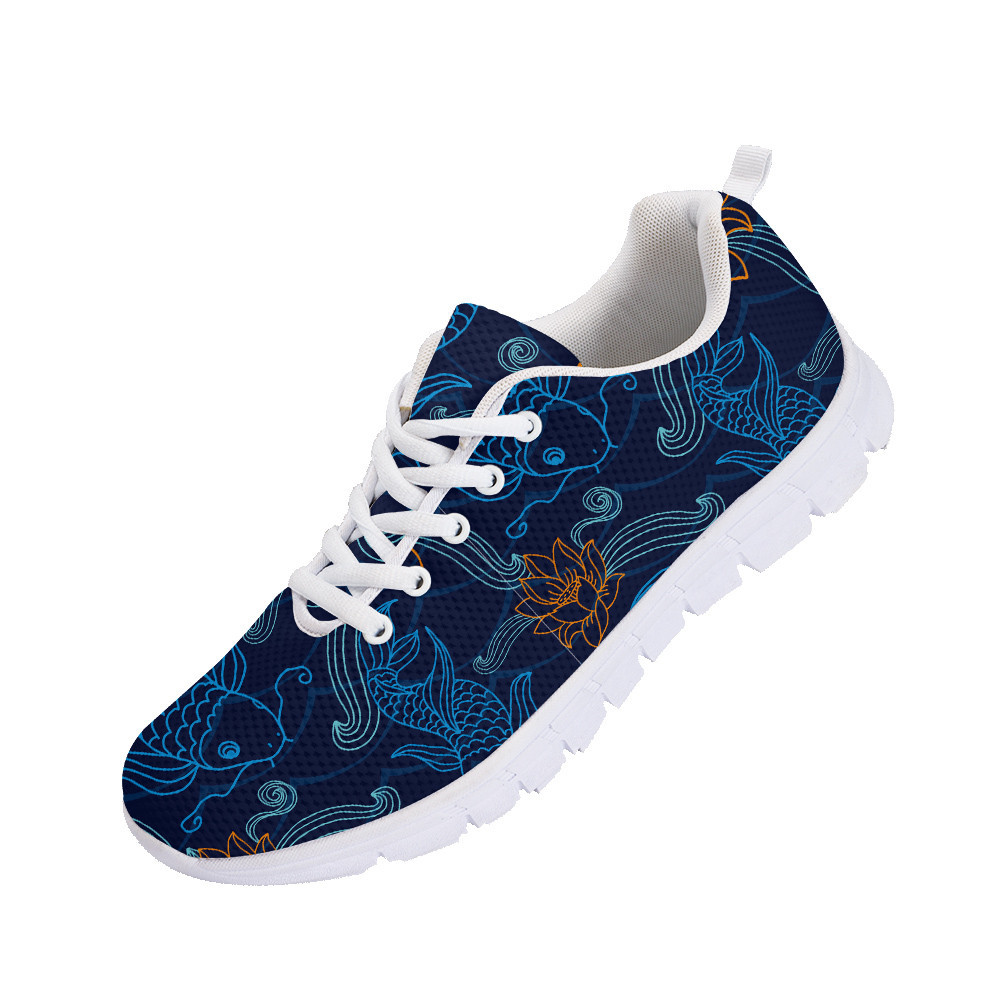 Outline Blue Fishes And Orange Flower On Dark Blue Background Design Running Shoes Sport Sneakers - Personalized