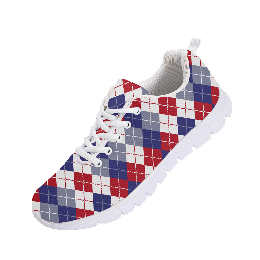 Patriotic Red White And Blue Argyle Pattern Running Shoes Sport Sneakers - Personalized
