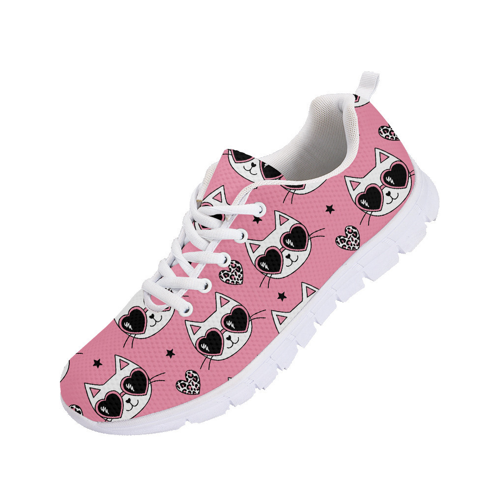 Pink Leopard Skin Heart With And Stars Cat Face Cartoon Running Shoes Sport - Personalized Sneakers