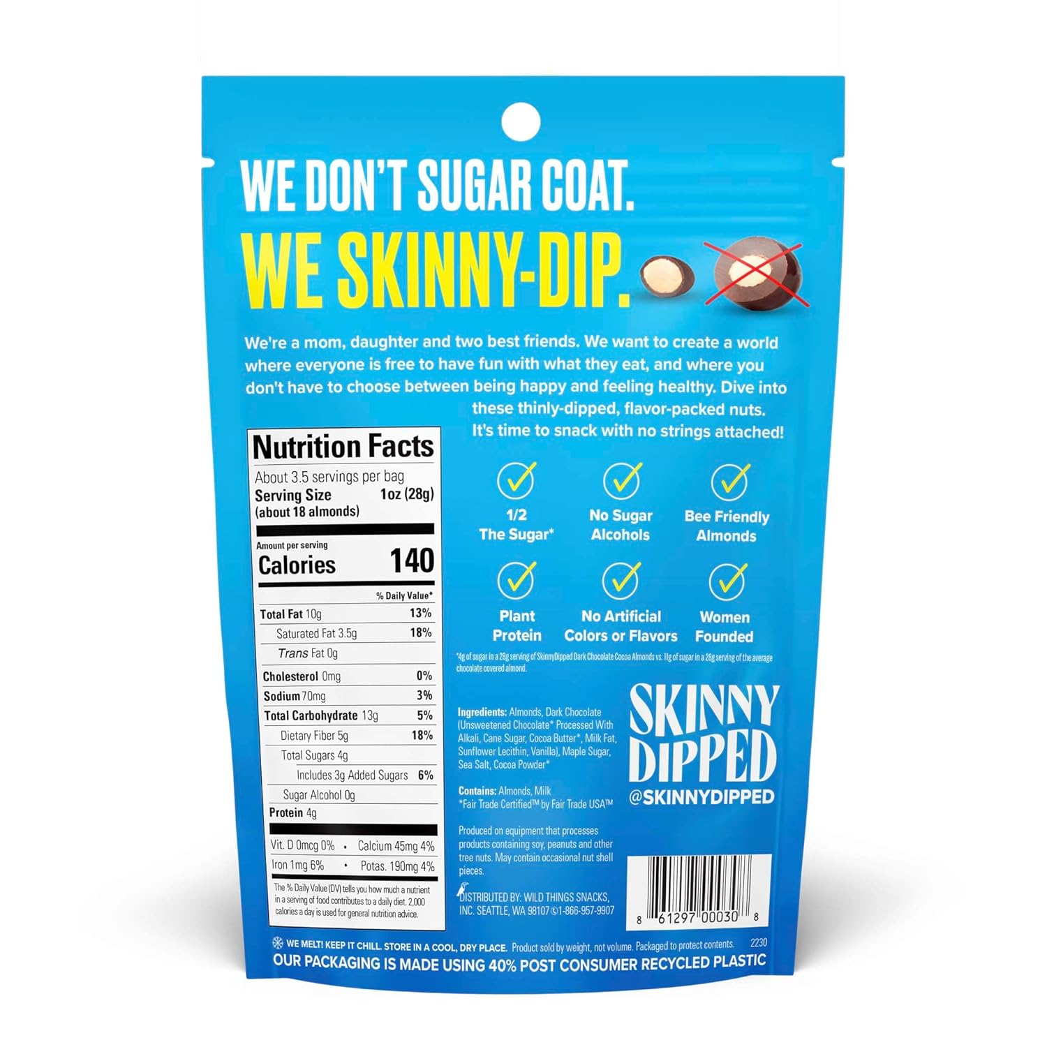 SkinnyDipped Dark Chocolate Cocoa Almonds, Healthy Snack, Plant Protein, Gluten Free, 3.5 Oz Resealable Bag, Pack of 1
