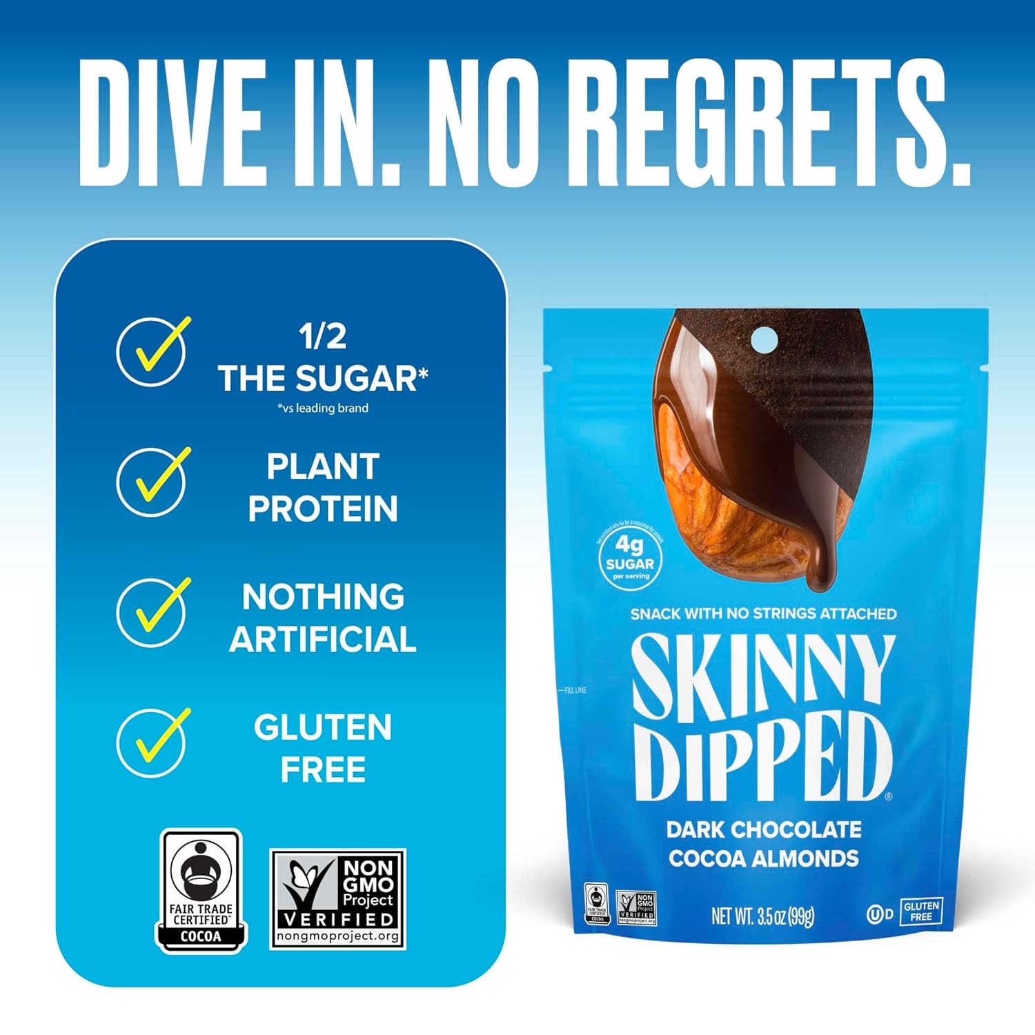 Alternative view of SkinnyDipped Dark Chocolate Cocoa Almonds, Healthy Snack, Plant Protein, Gluten Free, 3.5 Oz Resealable Bag, Pack of 1