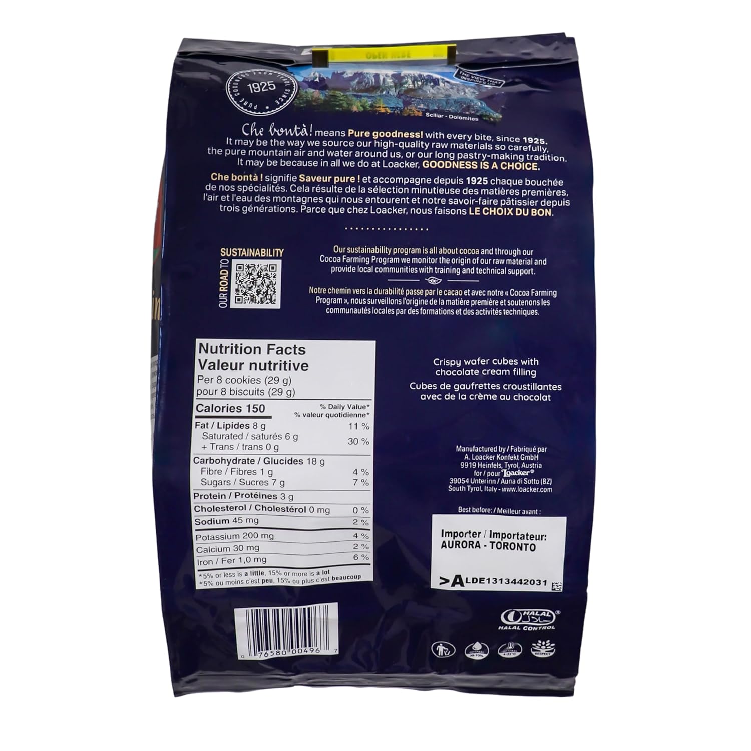 Loacker Quadratini Chocolate Wafer Cookies - 30% Less Sugar - Premium Crispy Bite Size Wafers With Chocolate Cream Filling - Resealable Family Pack - Non-Gmo - Fine Flavor Cocoa From Our Sustainable Farming Program - Large Snack Bag 250G/8.82Oz