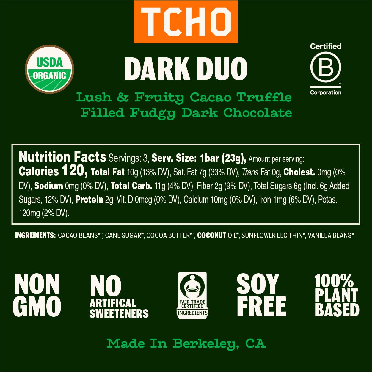 TCHO Dark Duo 75% Dark Chocolate Bars (10 pack) - Valentine's Day Chocolate - Plant Based, Organic & Fair Trade - Non GMO, Non-Dairy, Vegan Chocolate, Soy Free (2.5oz each)