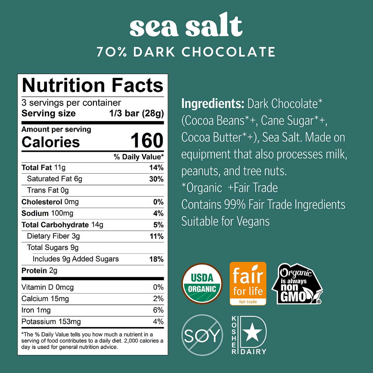 Theo Chocolate Sea Salt Organic Dark Chocolate Bar, 70% Cacao, 12 Pack | Vegan, Fair Trade