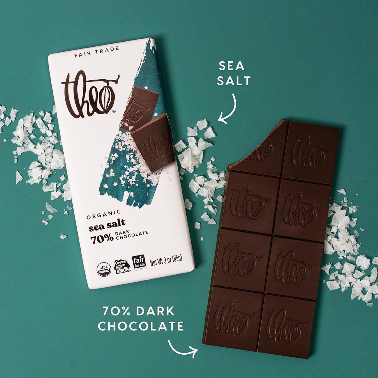 Alternative view of Theo Chocolate Sea Salt Organic Dark Chocolate Bar, 70% Cacao, 12 Pack | Vegan, Fair Trade