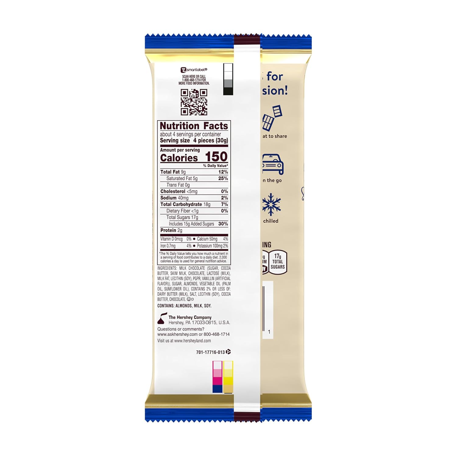 HERSHEY'S SYMPHONY Chocolate Almond Toffee XL, Candy Bars, 4.25 oz (16 Pieces, 12 Count)