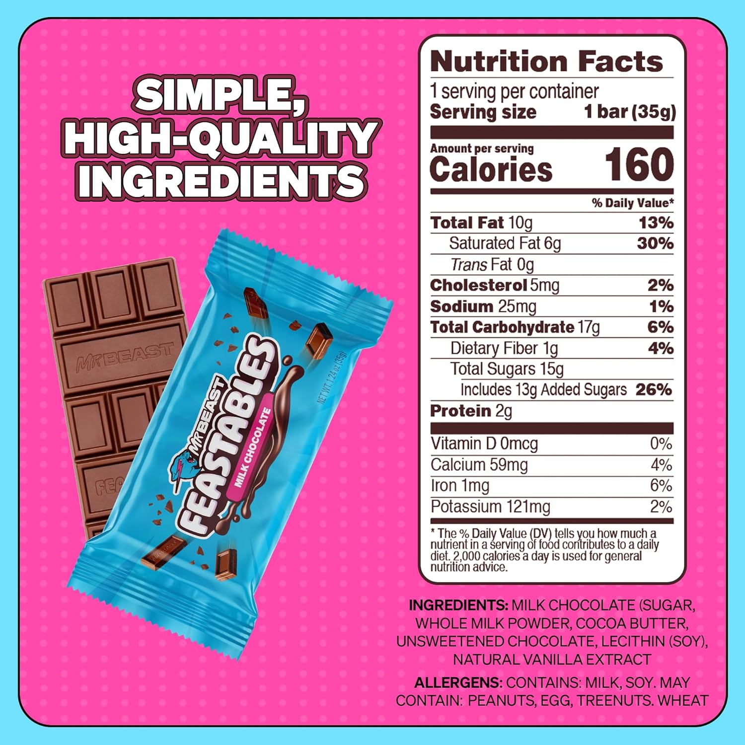 Feastables MrBeast Milk Chocolate Chocolate Bar, Full Size Bar for Adults & Kids, Candy Bars, Snacks, Gifts, or Dessert, Sweet & Creamy Fairtrade Cocoa, 1.24 Oz Each, 24 Count