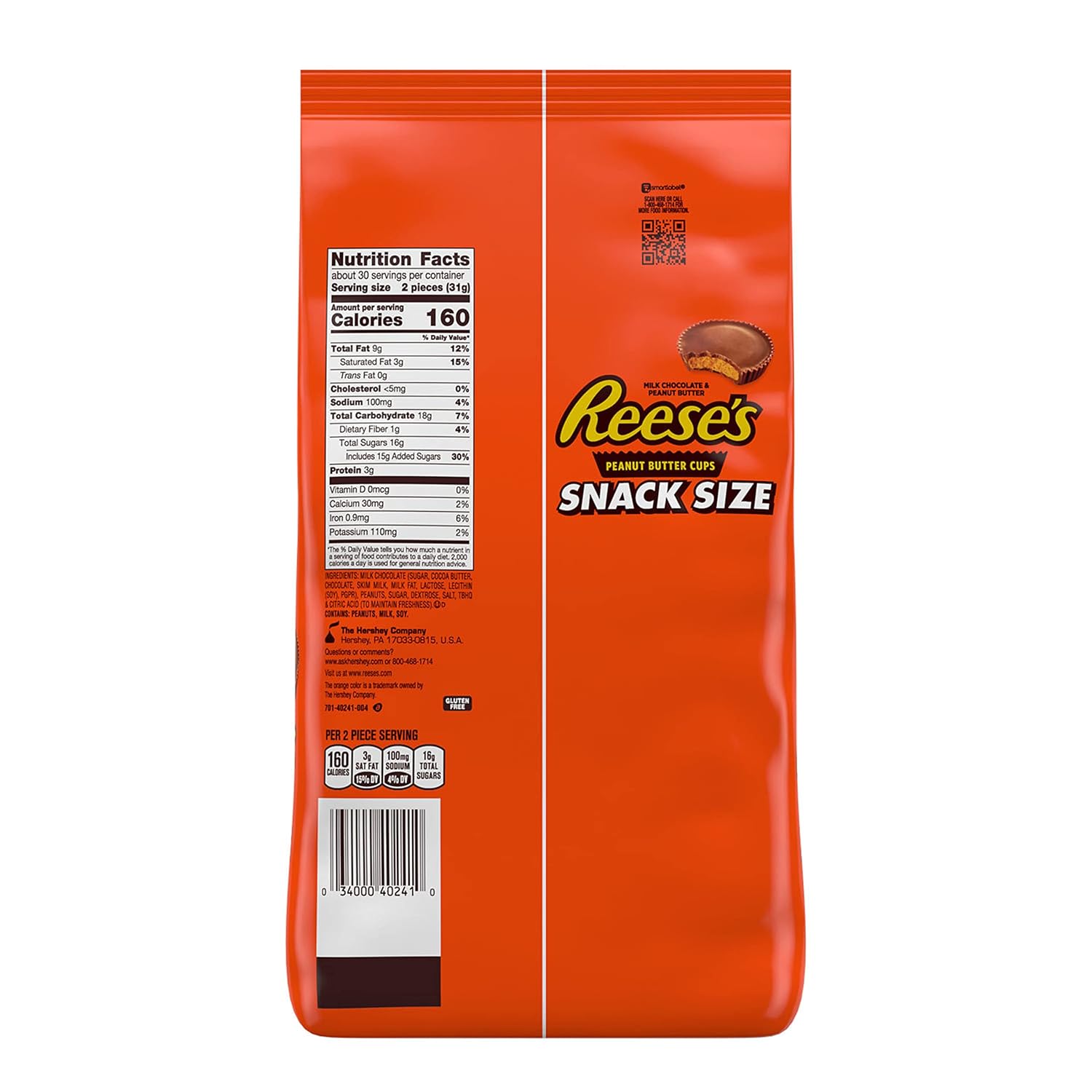REESE'S Milk Chocolate Snack Size Peanut Butter Cups, Candy Bag, 33 oz (60 Pieces)