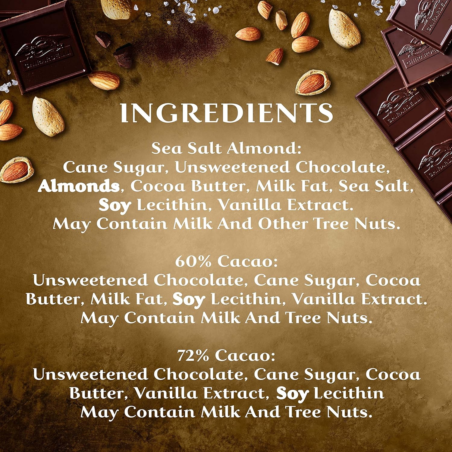 Ghirardelli Intense Dark Net Wt 19.14 Oz, Dark Chocolate 60% Cacao, 72% Cacao, Dark Chocolate Sea Salt Soiree with Almonds