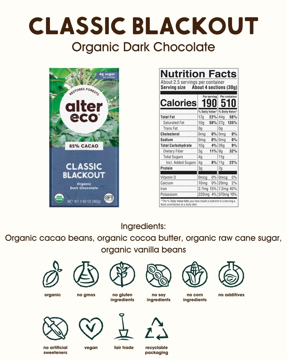 Alter Eco | Classic Blackout | 85% Pure Dark Cocoa, Fair Trade, Organic, Non-GMO, Gluten Free (Classic Blackout)