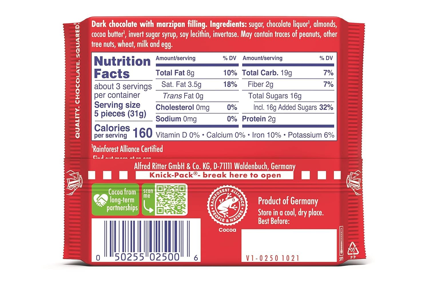 Ritter Sport Marzipan Dark Chocolate 100g - Pack of 6