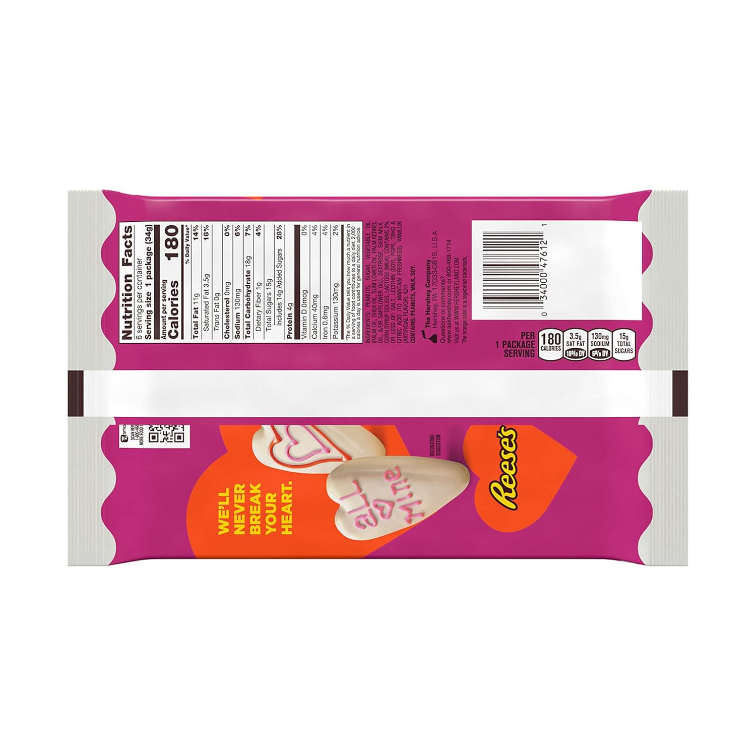 REESE'S White Creme Peanut Butter Hearts, Valentine's Candy Packs, 1.2 oz (6 Count)