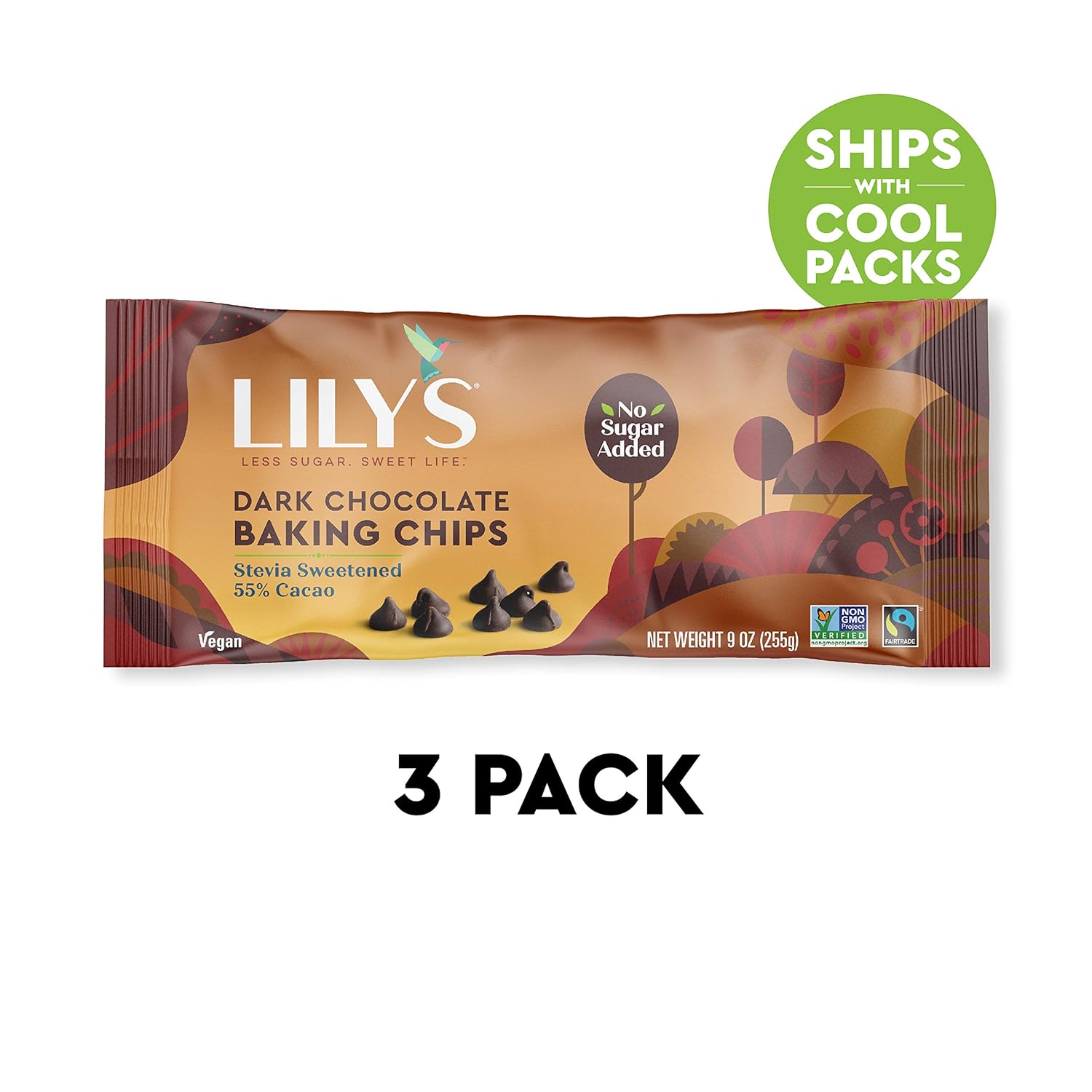 Dark Chocolate Chips by Lily's | Stevia Sweetened, No Added Sugar, Low-Carb, Keto Friendly | 55% Cocoa | Fair Trade, Gluten-Free & Non-GMO | 9 ounce, 3-Pack, Brown, 4001A3