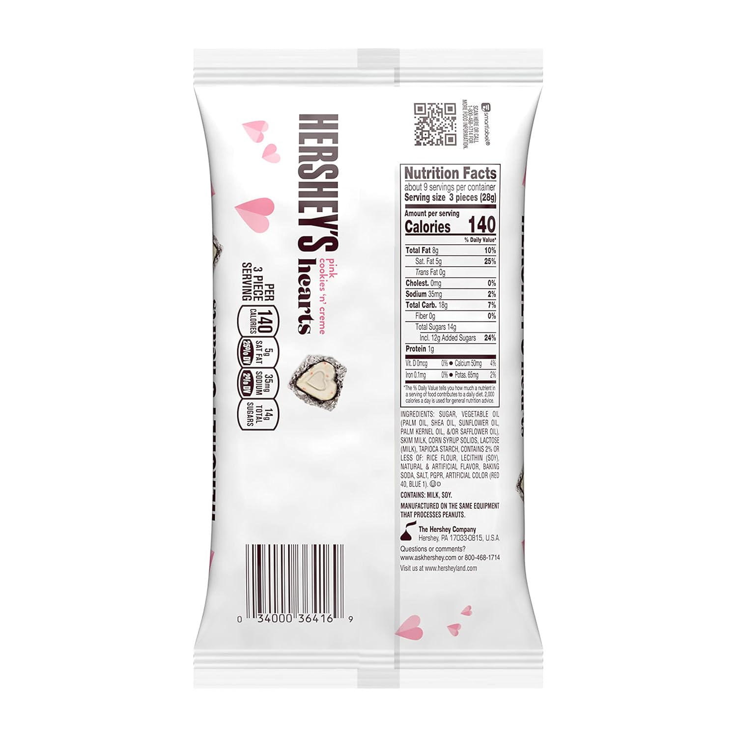 HERSHEY'S Pink Cookies 'n' Creme Hearts, Valentine's Candy Bag, 8.8 oz