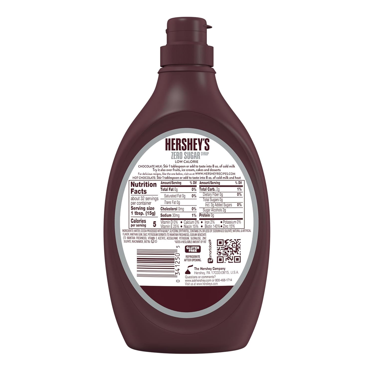 HERSHEY'S Zero Sugar Chocolate Syrup Bottle, 17.5 oz