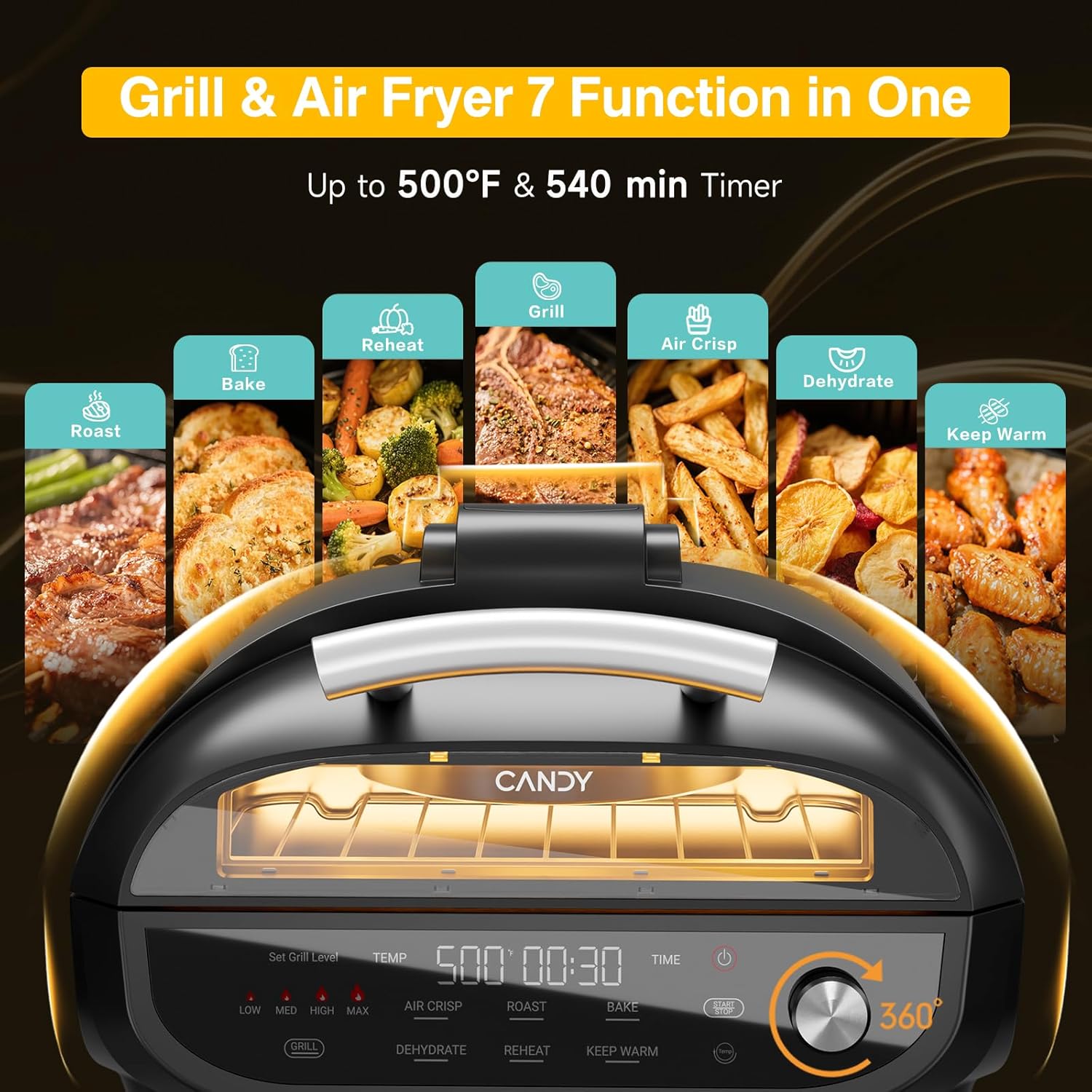 Candy Indoor Grill & Air Fryer with Ceramic Accessories, 500°F Max, 7-IN-1 Digital Display, 5.2 QT Electric Low Smoke with View Window, Smart Thermometer, Crisp, Roast & Dehydrate, Easy Clean, 1500W