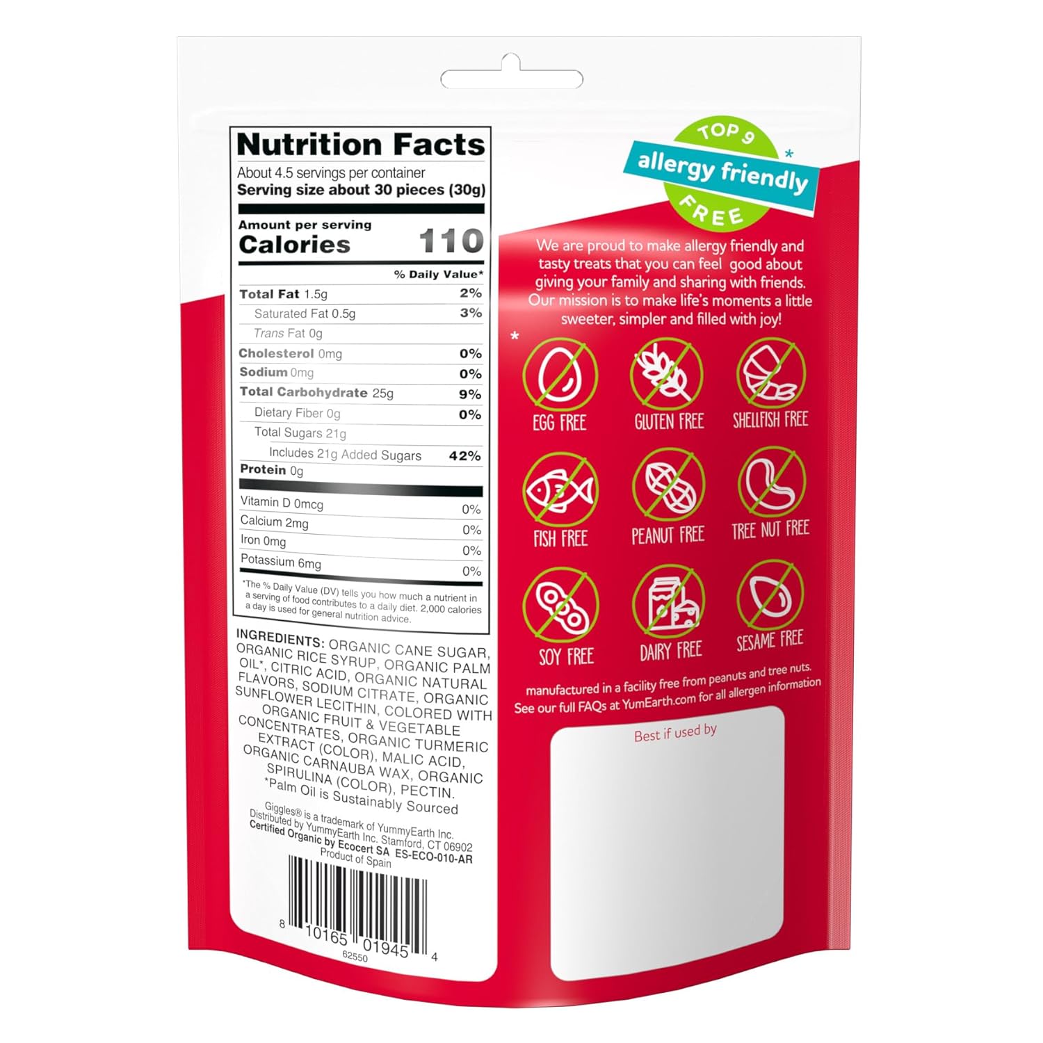 YumEarth Organic Giggles Chewy Candy - Allergy Friendly (Top 9 Free), No Artificial Dyes, Non GMO, Gluten Free, Vegan Candy Snacks - 5 Ounce Bag (Pack of 6)