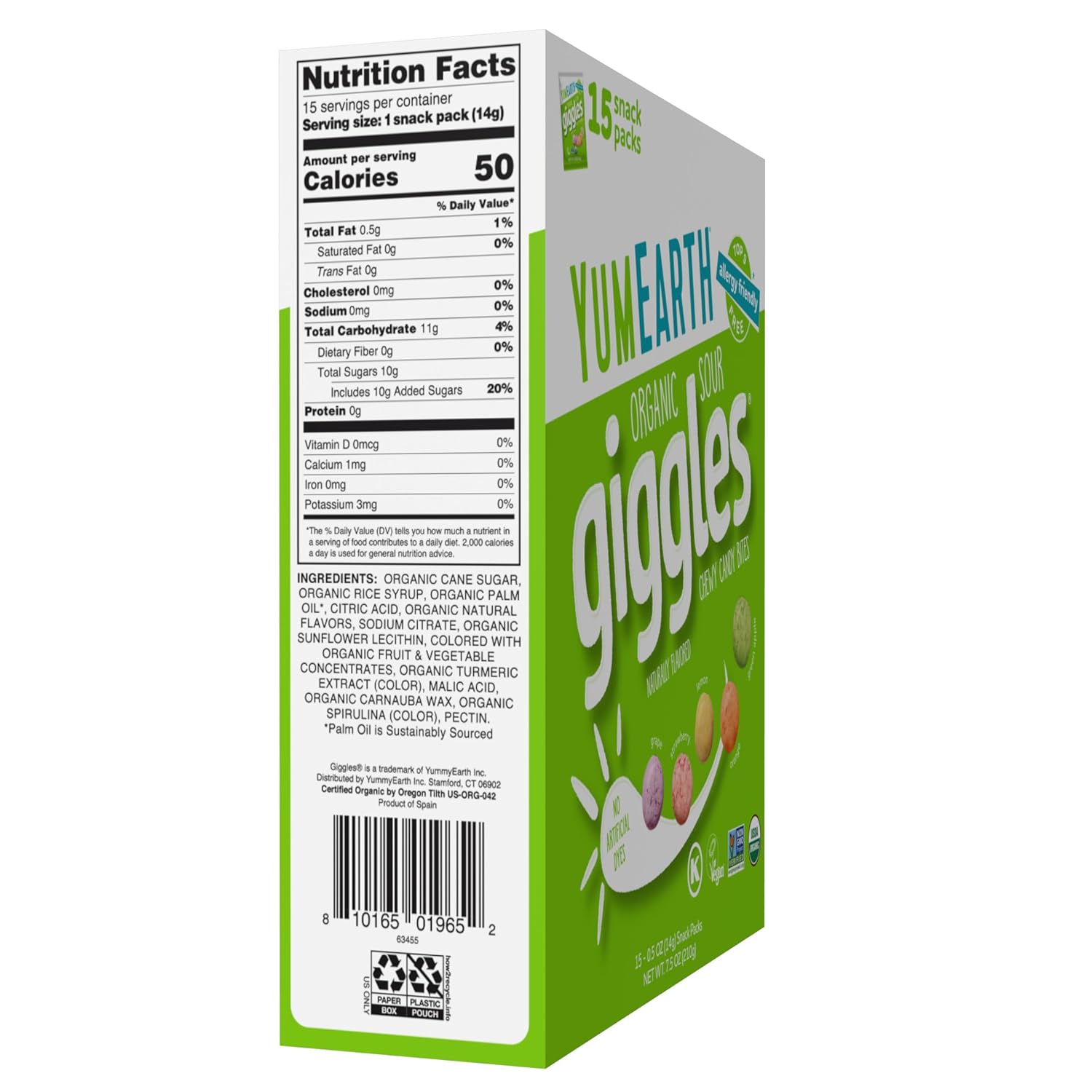 YumEarth Organic Sour Giggles Chewy Candy u2013 Allergy Friendly, No Artificial Dyes, Non GMO, Gluten Free, Sour Fruit Flavored, Vegan Candy Snacks 0.5 ounce (Box of 15)u200B