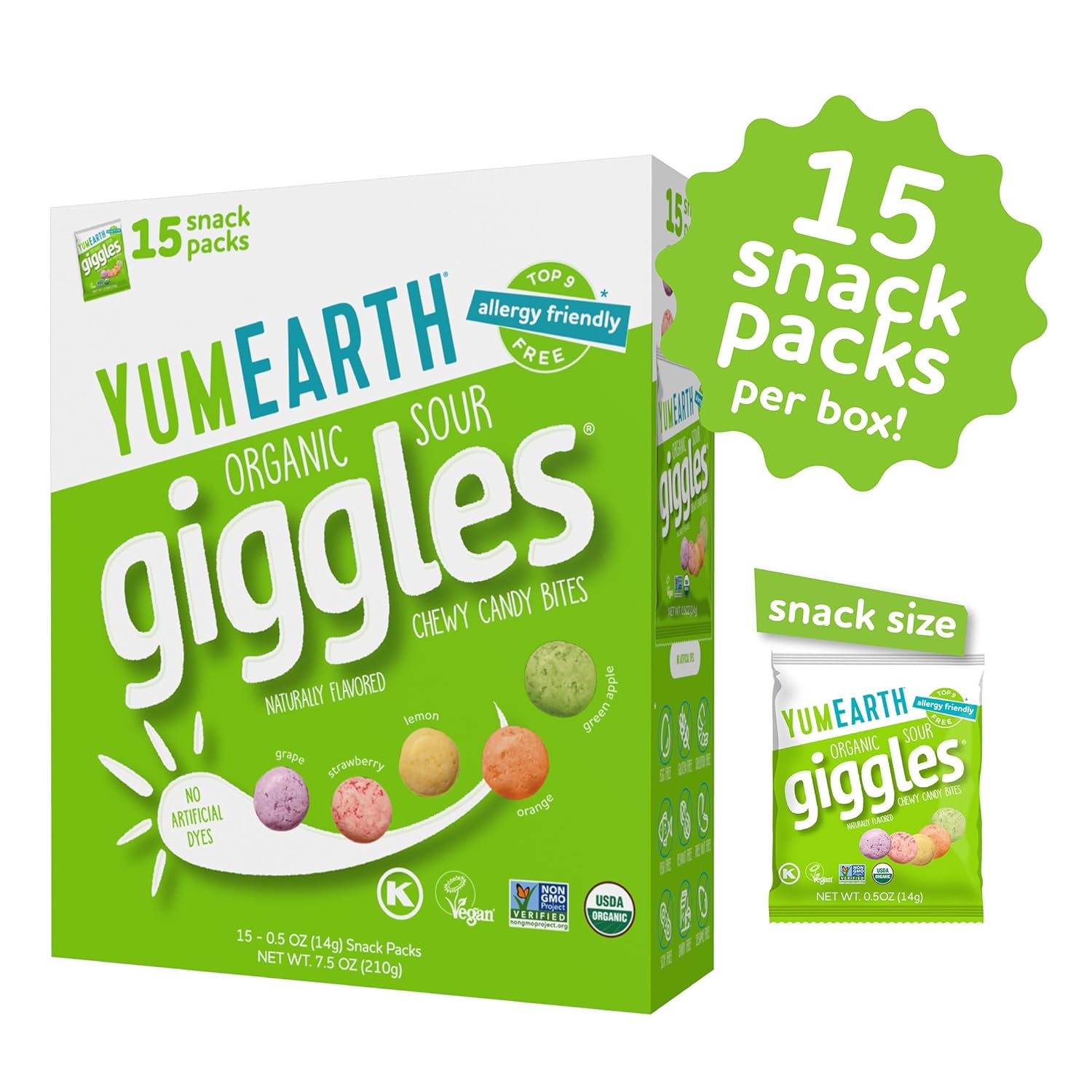 Alternative view of YumEarth Organic Sour Giggles Chewy Candy u2013 Allergy Friendly, No Artificial Dyes, Non GMO, Gluten Free, Sour Fruit Flavored, Vegan Candy Snacks 0.5 ounce (Box of 15)u200B