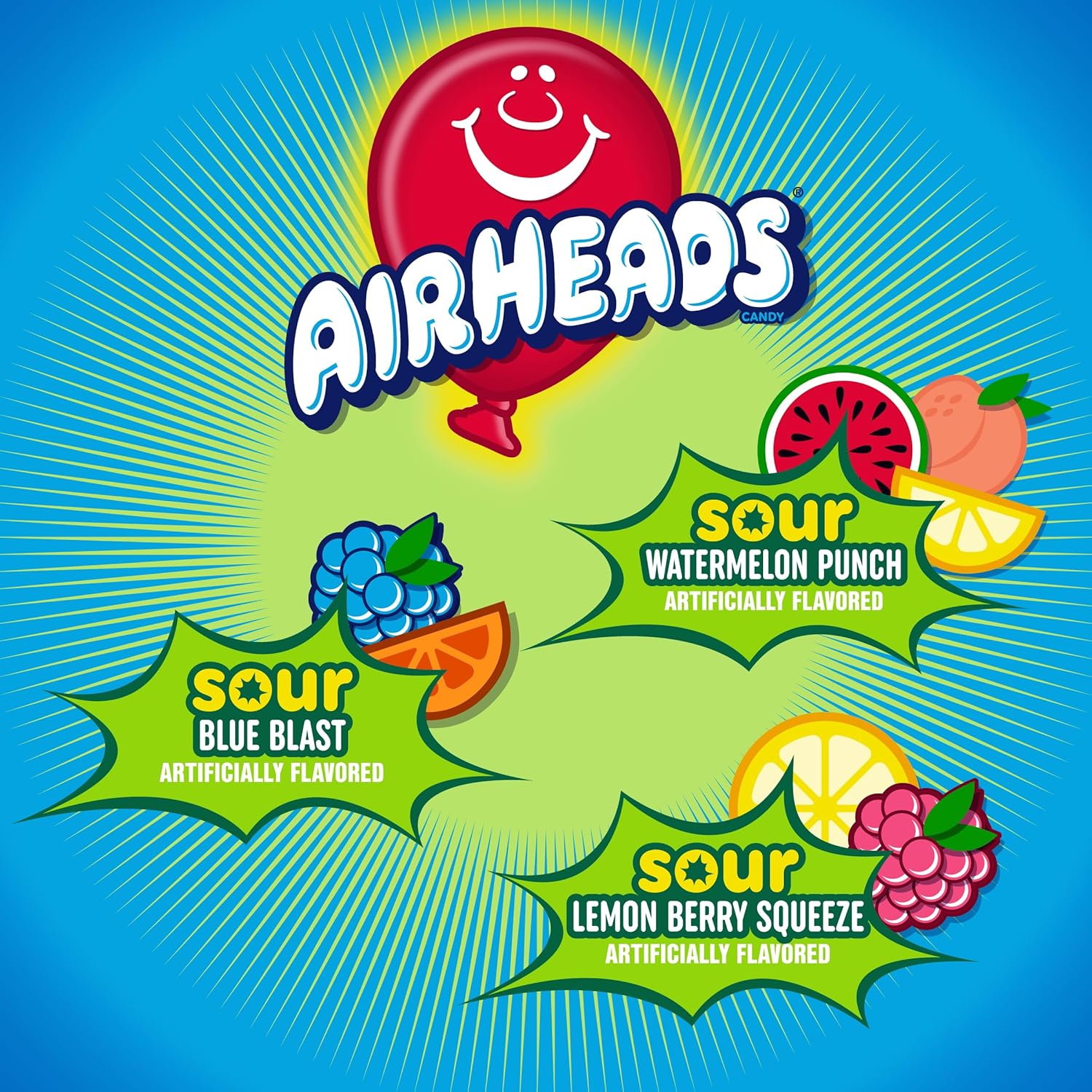 Alternative view of Airheads Mini SOURS Candy Bars, Sour Watermelon Punch, Blue Blast, and Lemon Berry Squeeze 12oz Variety Bag